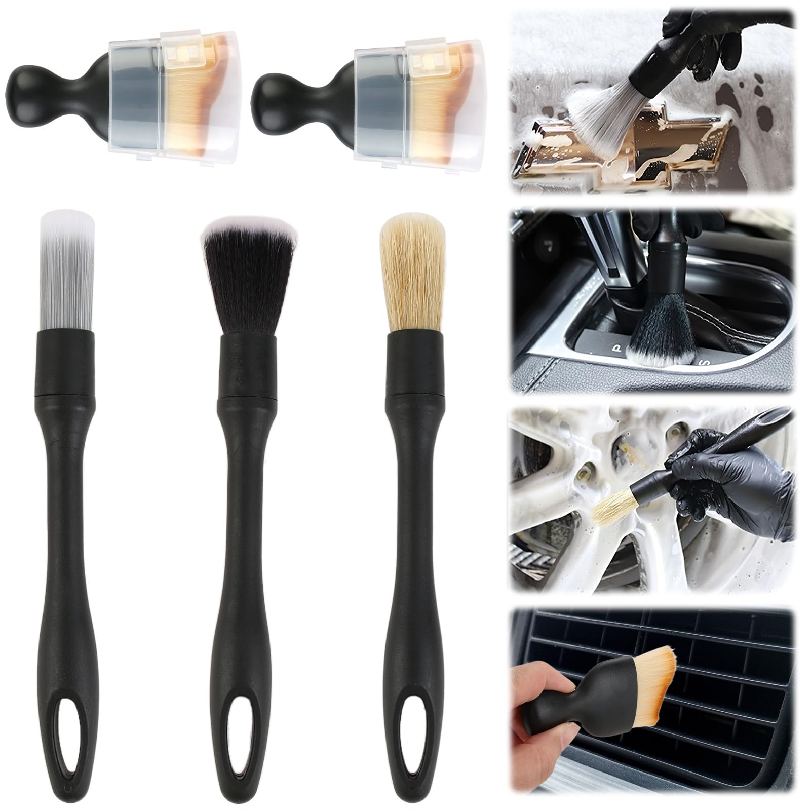 5 Pcs Car Detailing Brush Set, Car Interior Detailing Brushes Auto Ultra-Soft Detail Cleaning Brush Dust Removal Brushes Tool No Scratch Cleaning Gap Brushes for Exterior Automotive Trim Wheel Rim