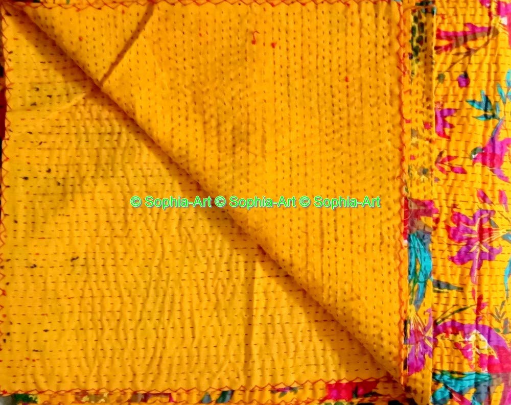 Sophia Art Indian Bohemain Bedding Kantha Vintage Ethnic Cotton Bird Kantha Quilt Coverlet Bedspread Patchwork Stitch Blanket Queen Size Kantha Quilt (Yellow 1)
