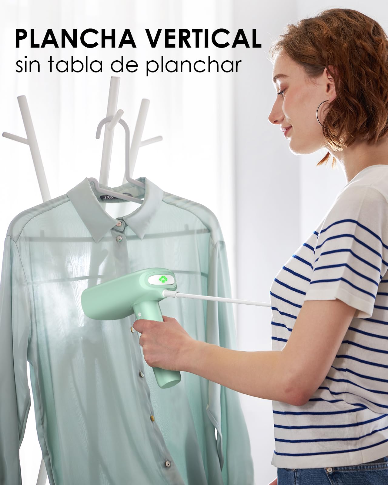 HOMEASY Plancha Vapor Vertical, Plancha de Ropa Vertical en Uso Húmedo y Seco, Plancha Portátil para Viaje, Plancha Vertical Vapor de Calentamiento Rápido, Depósito Desmontable(Verde)