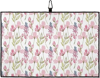 OComster Pink Flower Golf Towel with Carabiner Clip, Spring Watercolor Floral Rustic Farmhouse Microfiber Waffle Pattern Golf Towel, Golf Accessories for Cleaning Clubs and Balls, 24x16 in