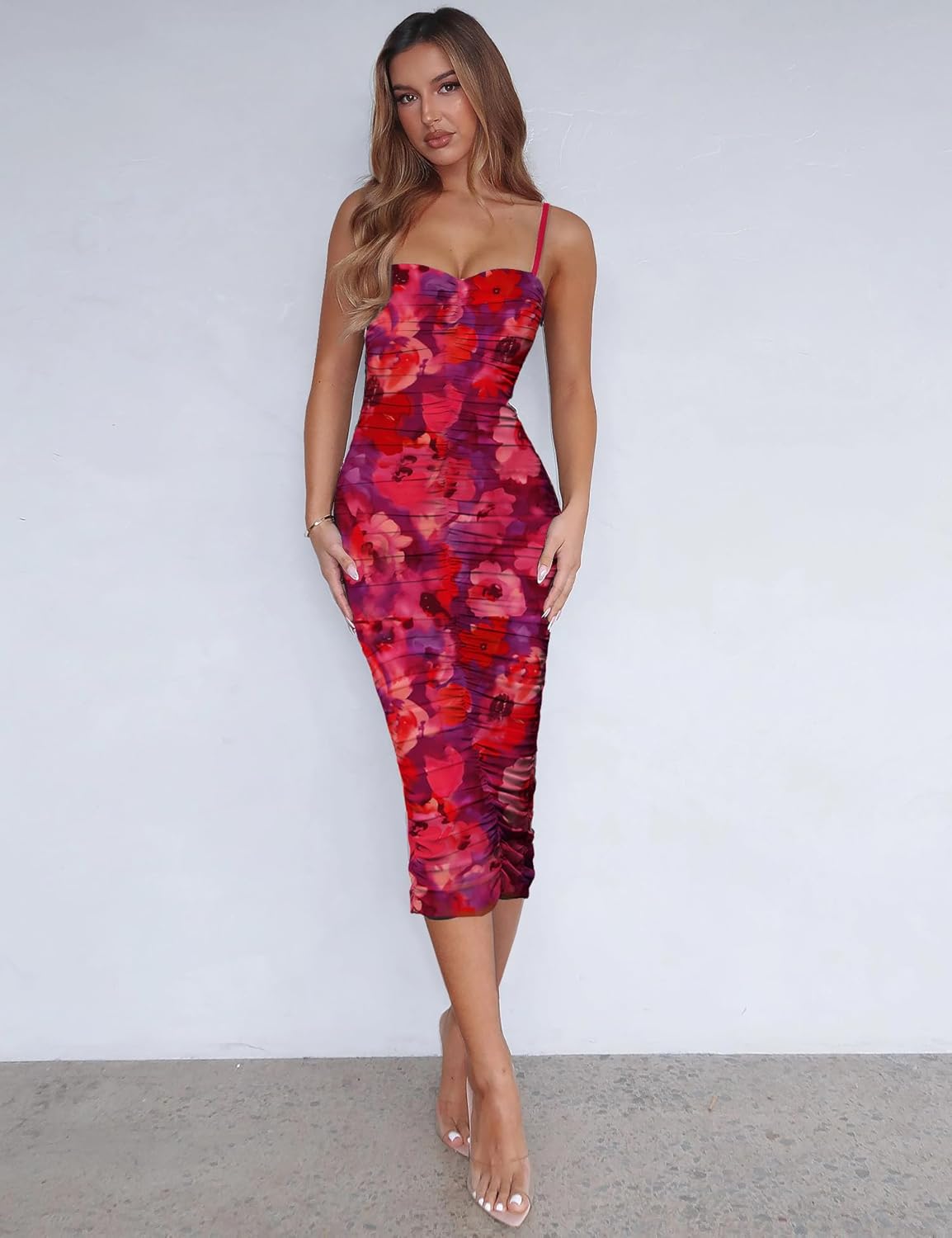 Women's 2026 Summer Floral Mesh Ruched Bodycon Dress Sexy Sleeveless Backless Cocktail Party Midi Dresses