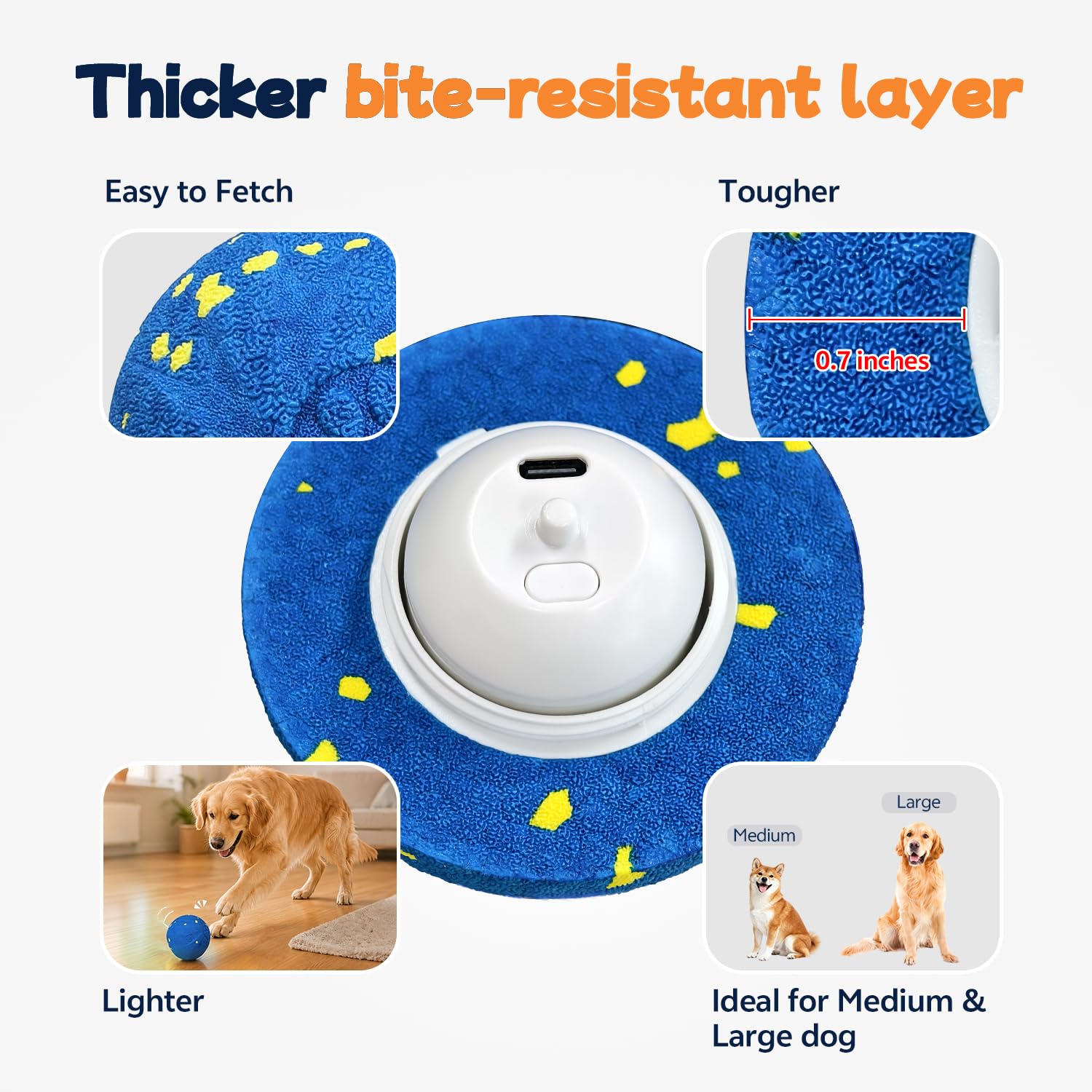 Pelota de juguete interactiva inteligente para perros, 3 modos de rebote automáticos, material duradero de E-TPU para masticar, recargable e impermeable IPX7, juguete de enriquecimiento para