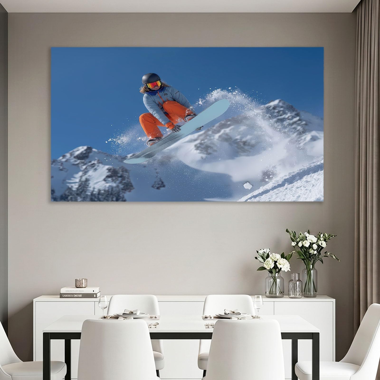 Stampa artistica da parete su tela, 120 x 80 cm (lunghezza x larghezza), con cornice, con sciatore sportivo, per bagno, camera da letto, soggiorno, pareti, con ganci e chiodi