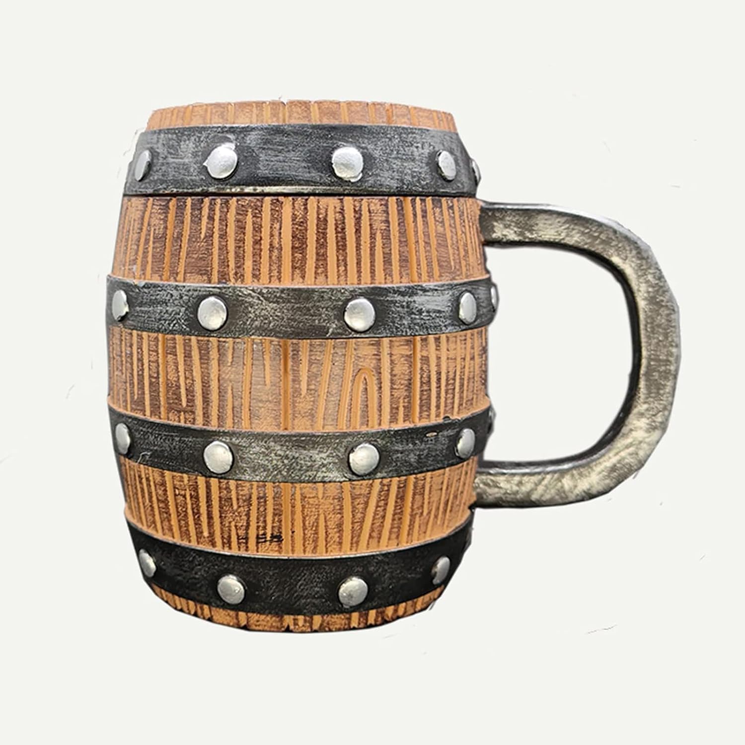 Vintage style wooden stainless steel beer mug, barrel shaped beer mug with handle, milk coffee mug, sake mug, home bar and restaurant decoration gift ornament (450ML)