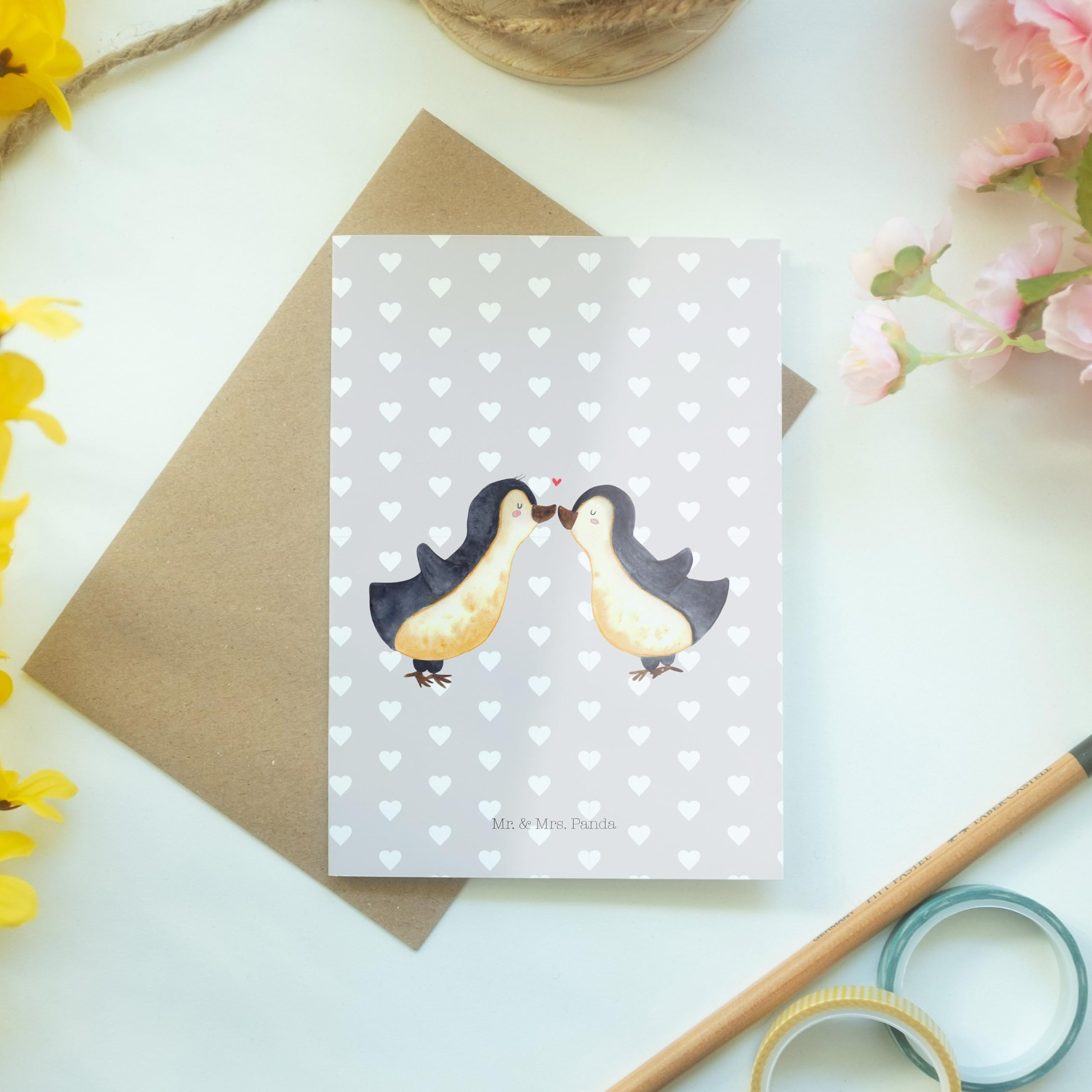 Mr. & Mrs. Panda XL Schminktasche „Pinguin Liebe“ – 28,5 X 20 Cm, Aus 100% Baumwolle, Handgezeichnetes Motiv, Geschenk Für Verliebte