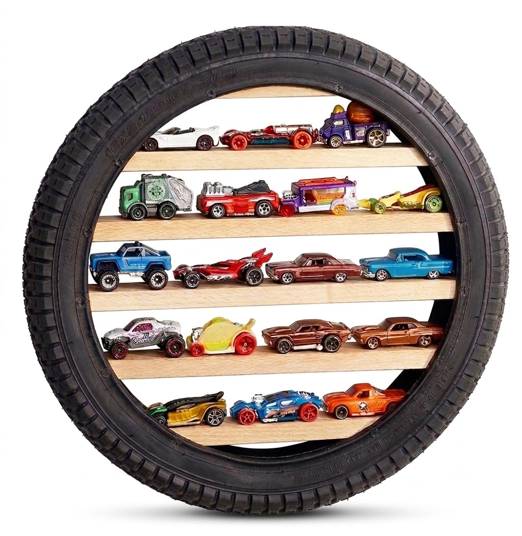 Tapeera Modellauto Vitrine im Reifen-Design – Wandregal für Spielzeugautos – Holz Regal für 18 Diecast Autos im Maßstab 1:64 – kompatibel mit Hot Wheels & Matchbox – Ø 40 cm