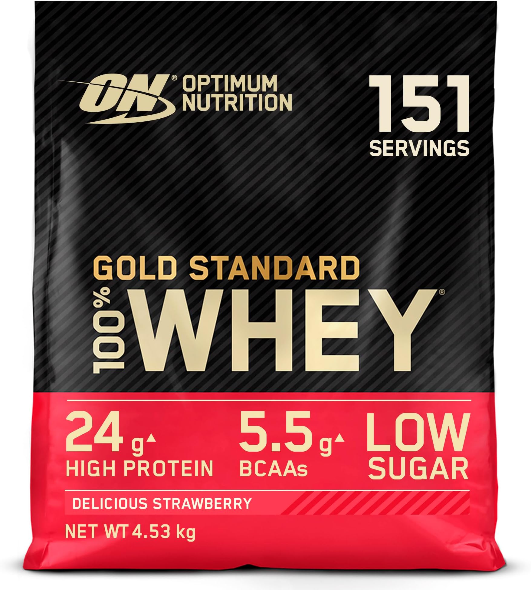 Optimum Nutrition Gold Standard 100% Whey Muscle Building and Recovery Protein Powder With Naturally Occurring Glutamine and BCAA Amino Acids, Delicious Strawberry Flavour, 151 Servings, 4.53 kg