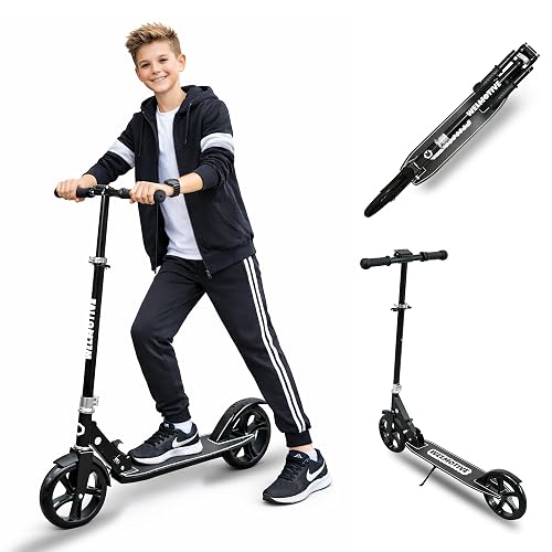 Welmotive Tretroller für Kinder & Erwachsene – Klappbarer Cityroller mit höhenverstellbarem Lenker – Scooter mit Ständer – Keine Montage nötig – Leicht bis 100KG (Schwarz)