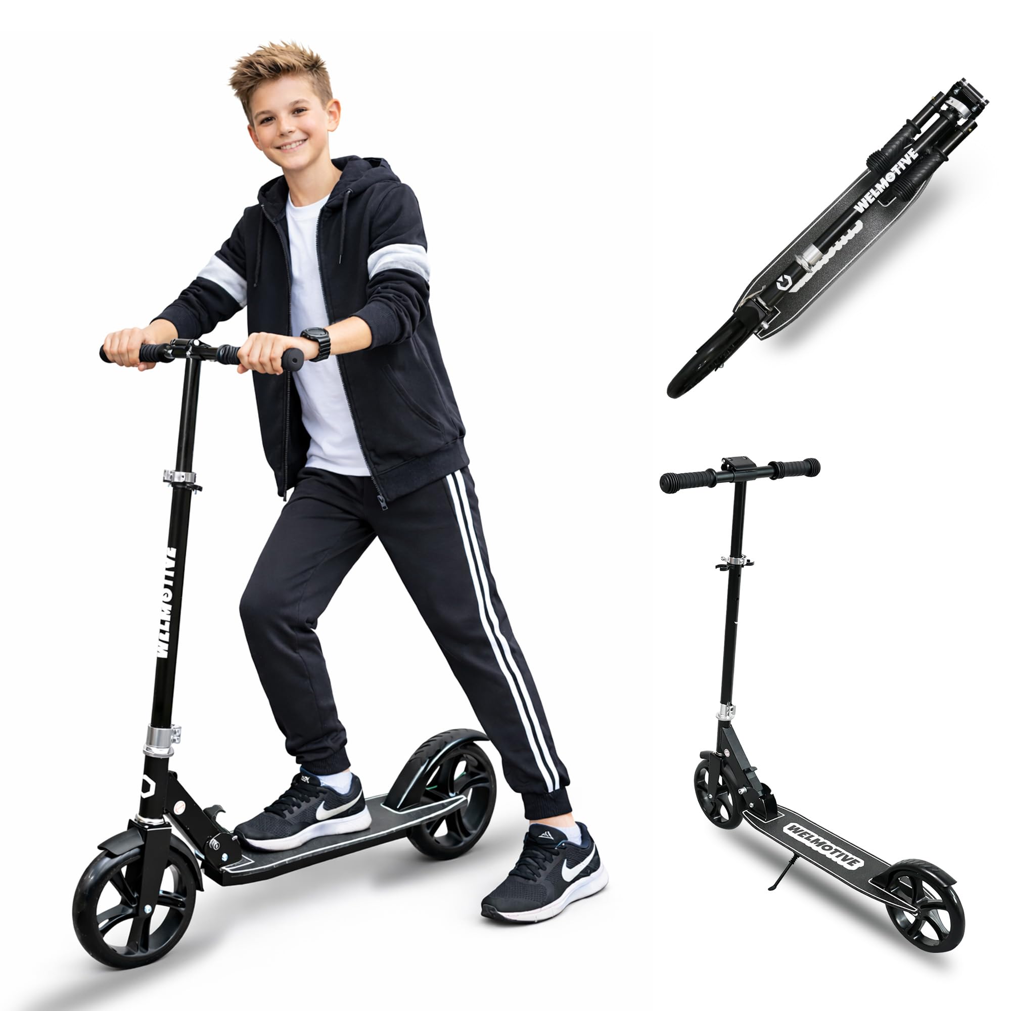 Welmotive Tretroller für Kinder & Erwachsene – Klappbarer Cityroller mit höhenverstellbarem Lenker – Scooter mit Ständer – Keine Montage nötig – Leicht bis 100KG