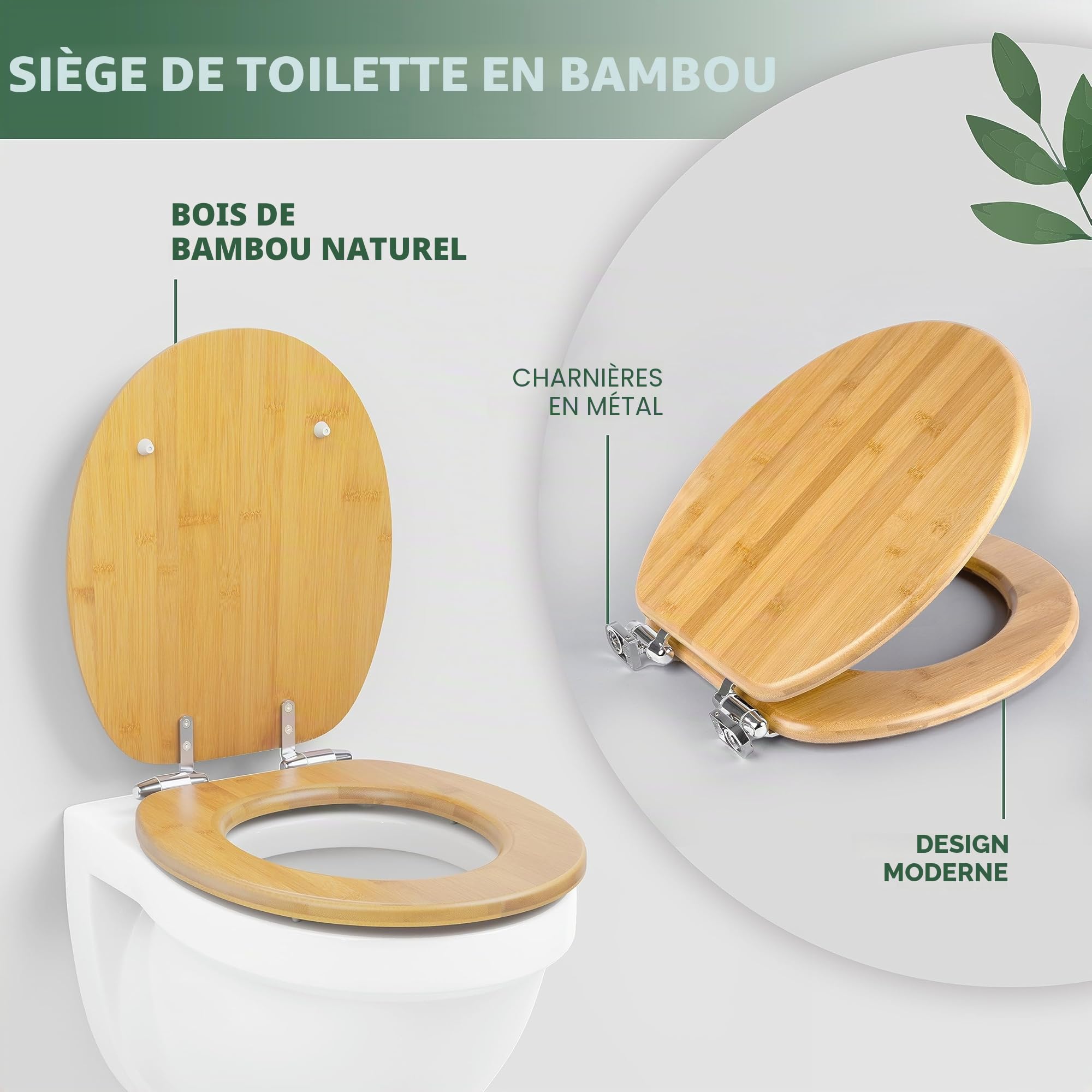 Benkstein® Abattant de WC en bambou avec système d'abaissement automatique - Abattant de WC antibactérien - Quick Release pour un nettoyage facile - Montage facile - Robuste et durable - Couvercle de