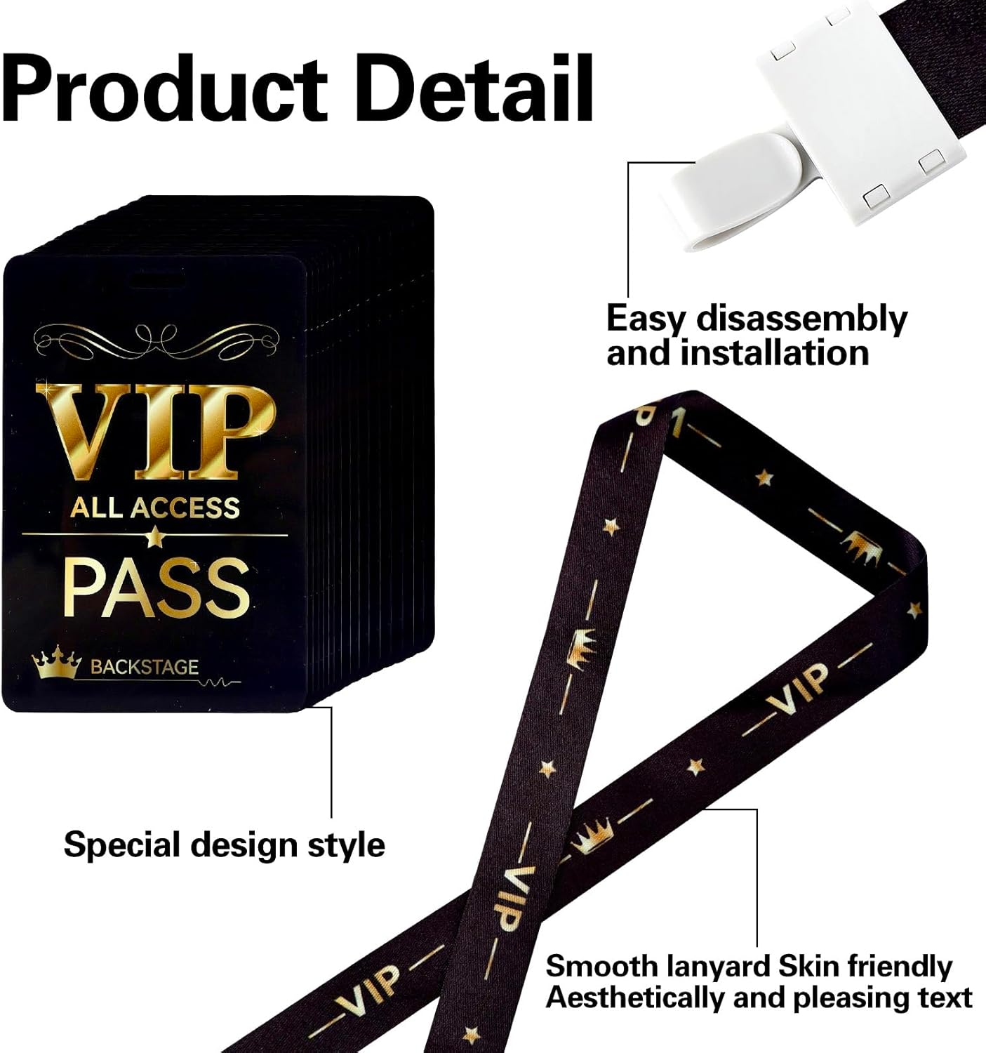 50 Sets VIP Badge Lanyard with Card, Plastic VIP Passes with Lanyard Event Staff Lanyard Backstage Pass for Birthday Party, Music Party, Movie Night, Concert Event(Black, Gold)