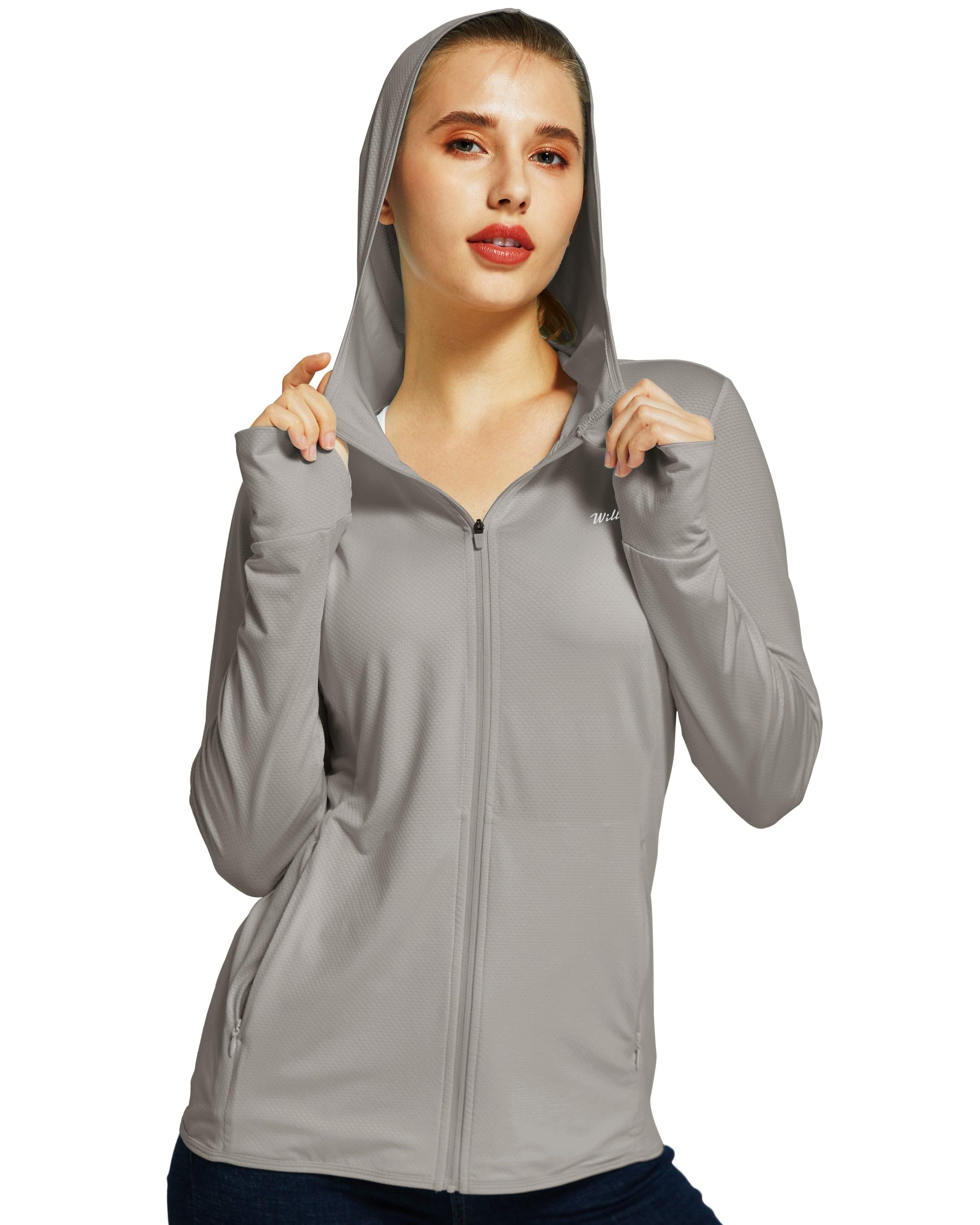 WILLIT Veste de course pour femme - Manches longues - Protection solaire - Sweat à capuche UV - UPF 50 - Veste légère - Yoga - Fitness - Sport - Randonnée - Avec poches