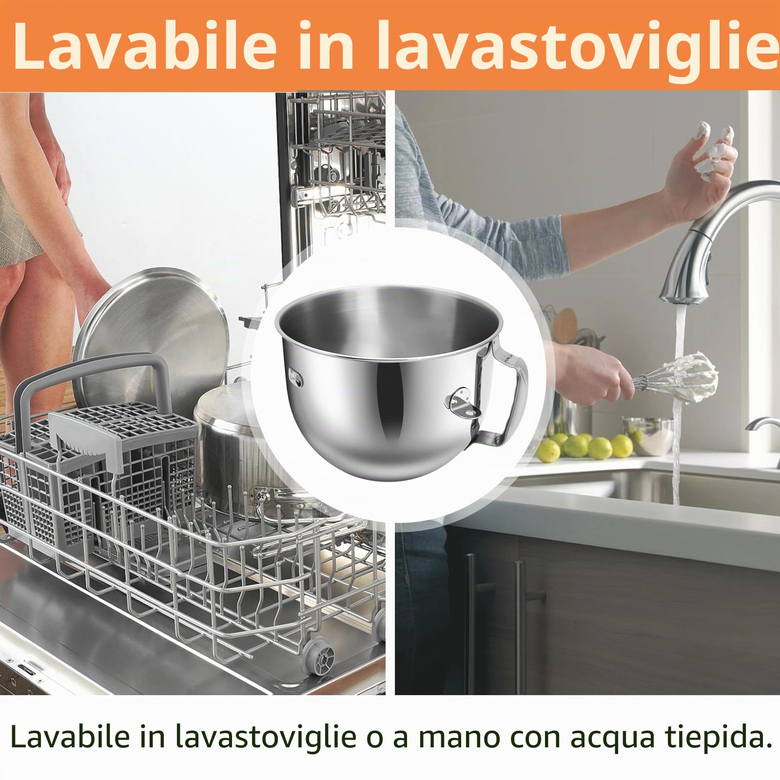 Ciotola per Impastatrice in Acciaio Inox Compatibile con le Impastatrici con Sollevamento Della Ciotola da 7 Litri Kitchen Aid