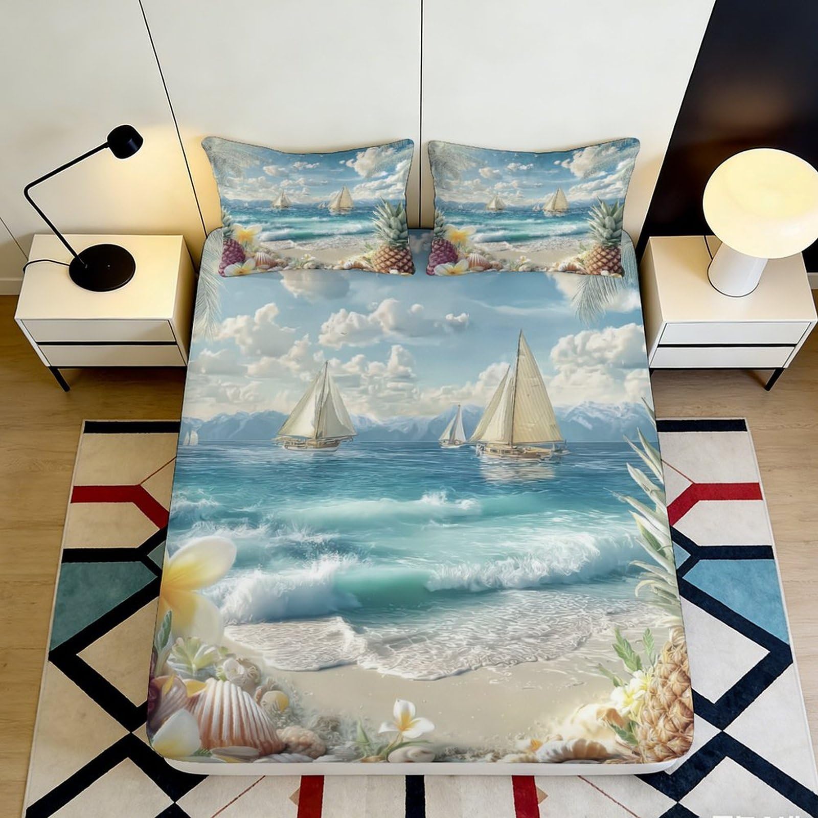3D Printed Sailboat Beach Fitted Sheet Microfiber Soft Decorative Ocean Wave Mattress Cover for Bedroom Guest Room Easy Care 90x200x25cm