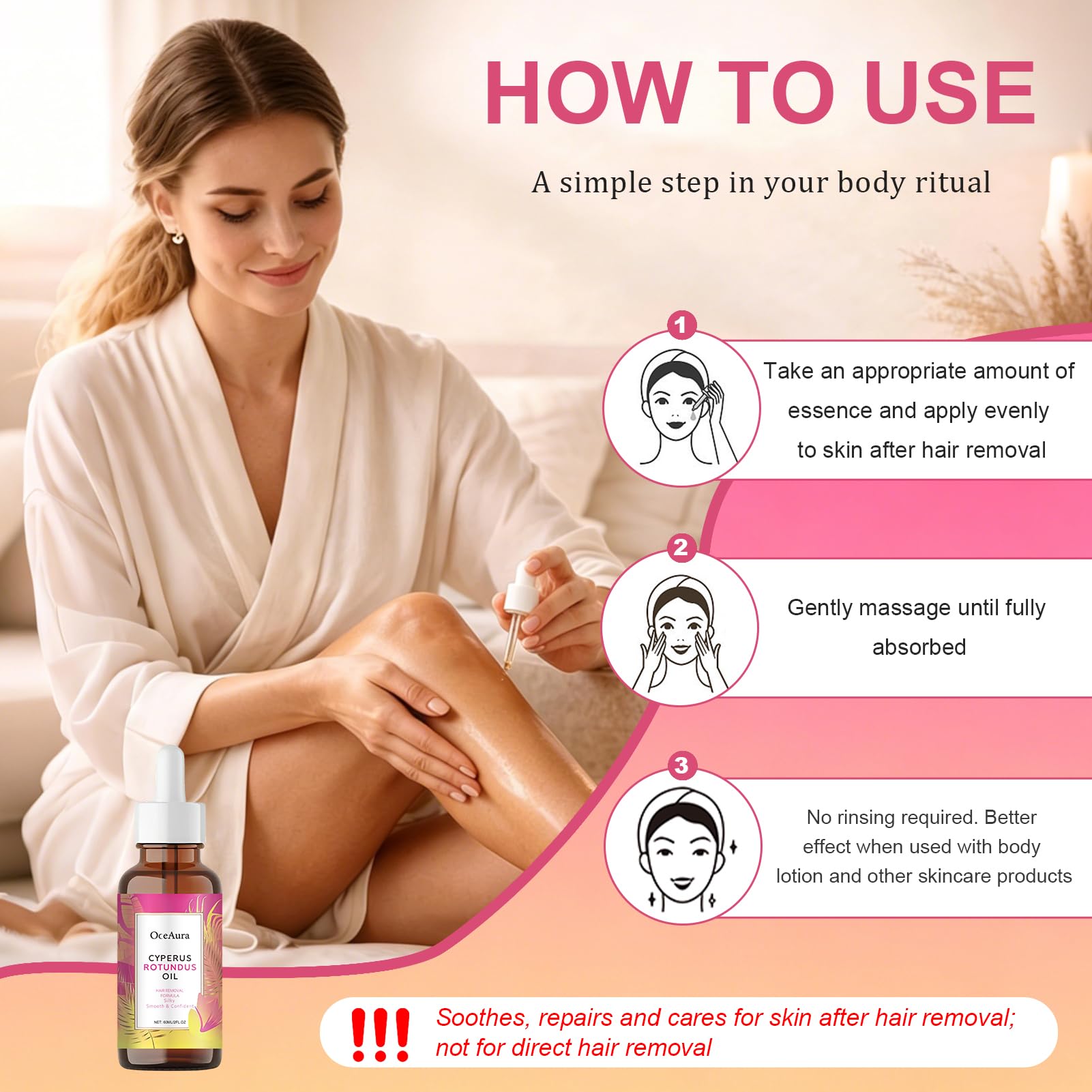 Cyperus Rotundus Oil,60ML Cyperus Rotundus Oil Hair Removal,Olio Cyperus Rotundus per la Depilazione,Riduce i pori e inibisce la crescita dei peli,Adatto a tutti i tipi di pell (Rosa)