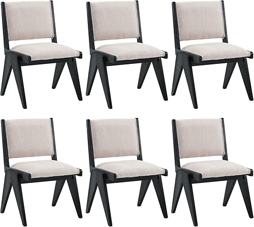 Vista 18 de Juego de 2 sillas de comedor modernas de mediados de siglo tapizadas de lino con patas de madera negra, sillas laterales sin brazos con respaldo