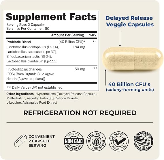 Probiotic 40 Billion CFU with Organic Prebiotics for Gut Health, 120 Count