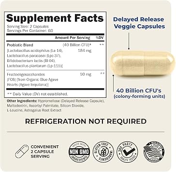 Probiotic 40 Billion CFU with Organic Prebiotics for Gut Health, 120 Count