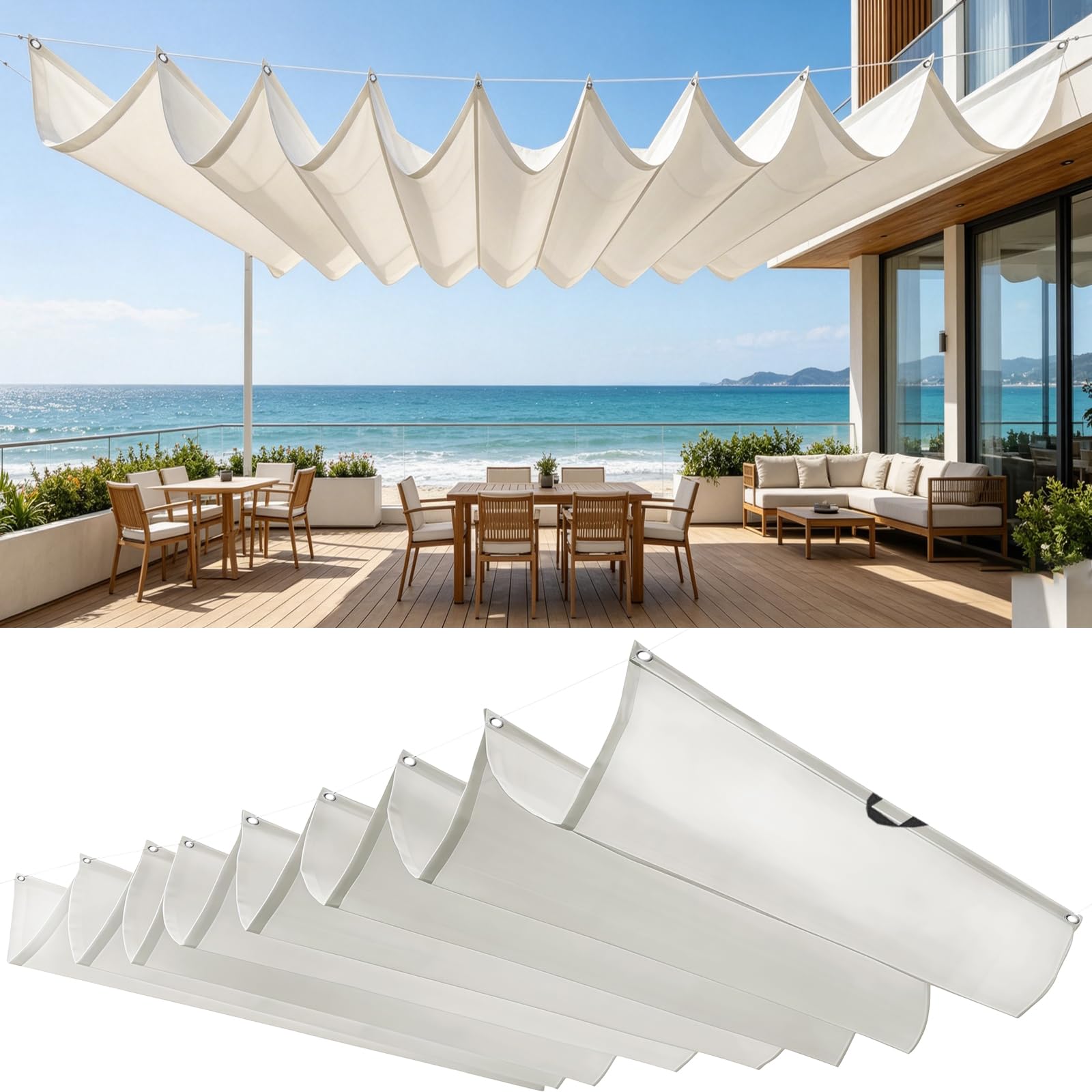 Voile d'ombrage à la vague 1 x 13 m en polyester blanc haut de gamme pour pergola