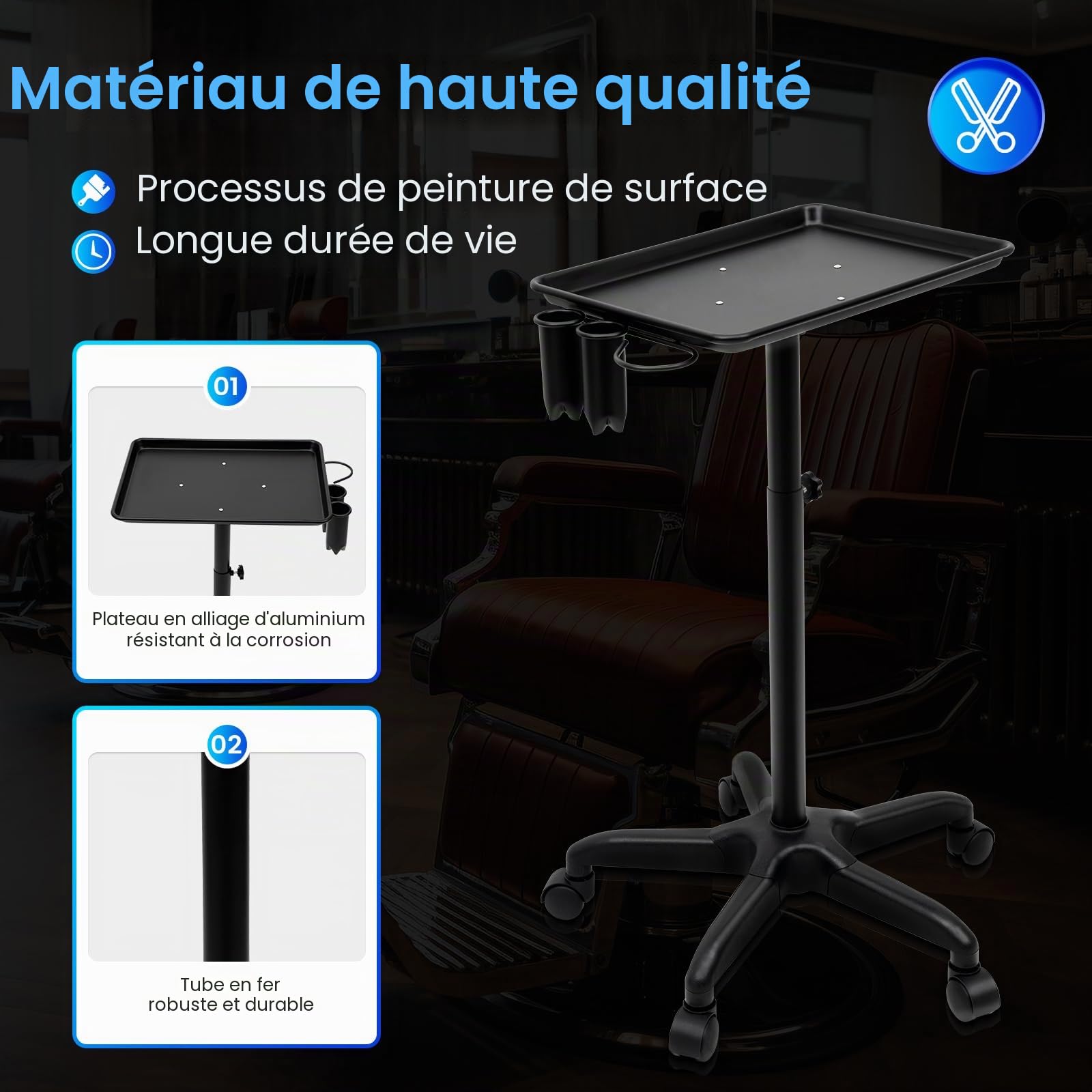 Plateau de tatouage Chariot en aluminium réglable en hauteur sur roues pour salon coiffeur dentaire noir