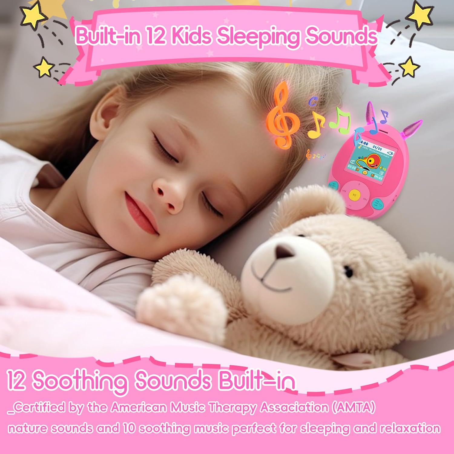 64GB MP3 Player for Kids, Kids MP3 Player with Bluetooth,Speaker, Games, Recorder, Ear Lights,Soothing Sounds, Alarm Clock, Stopwatch and 100hrs Loseless Music Playback(Support up to 128GB)