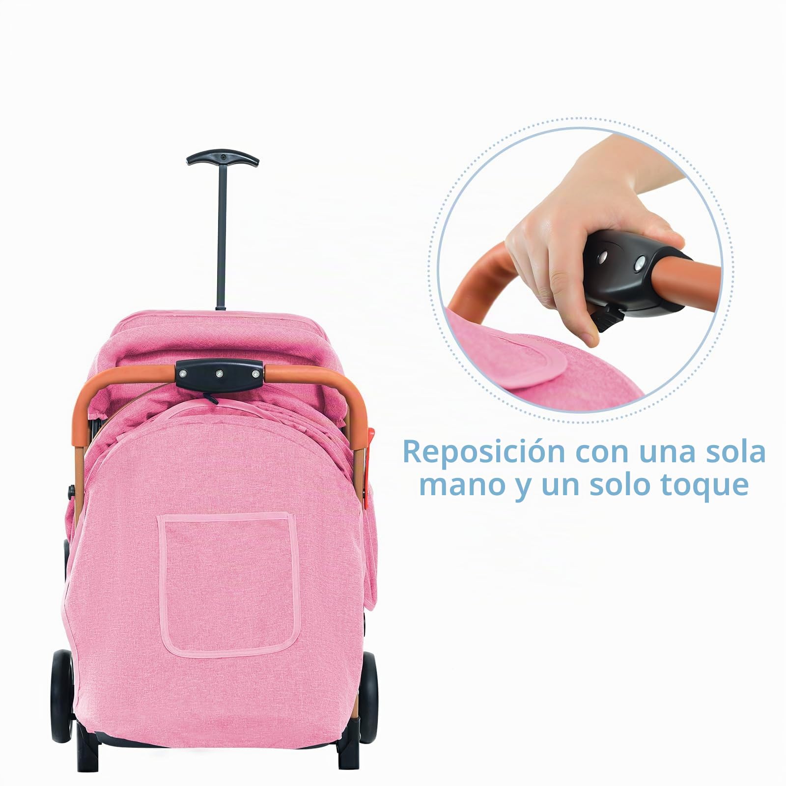 Cochecito Caña, cochecito bebe ligero y compacto, ajuste del respaldo hasta la posición acostada, 45 x 71 x 98 cm, sentarse, acostarse, empujar/tirar, mosquitero de algodón, rosa