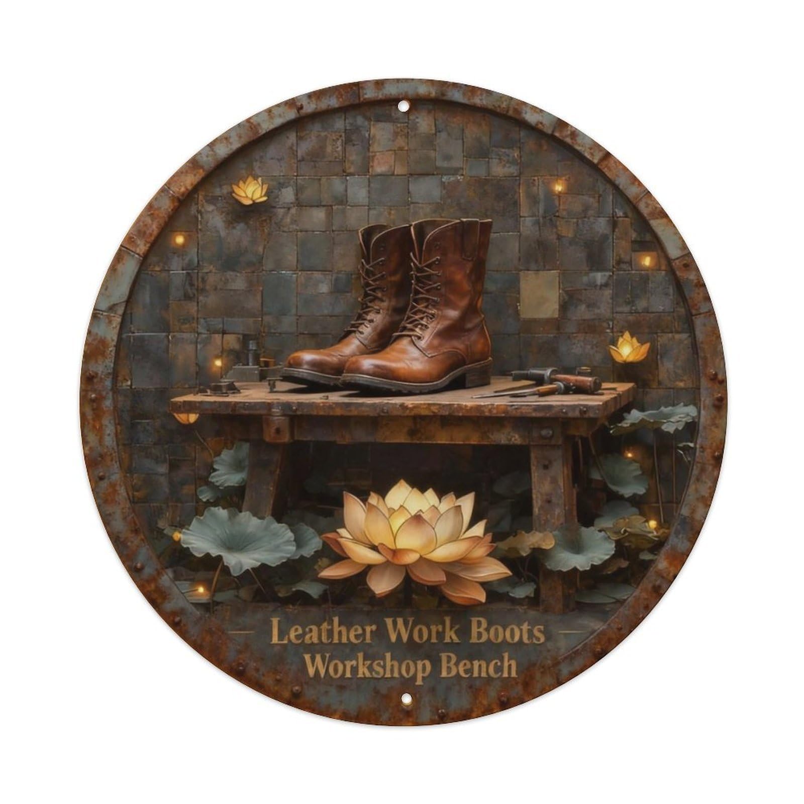 Leather Work Boots Workshop Bench Metal Tin Sign Plaque