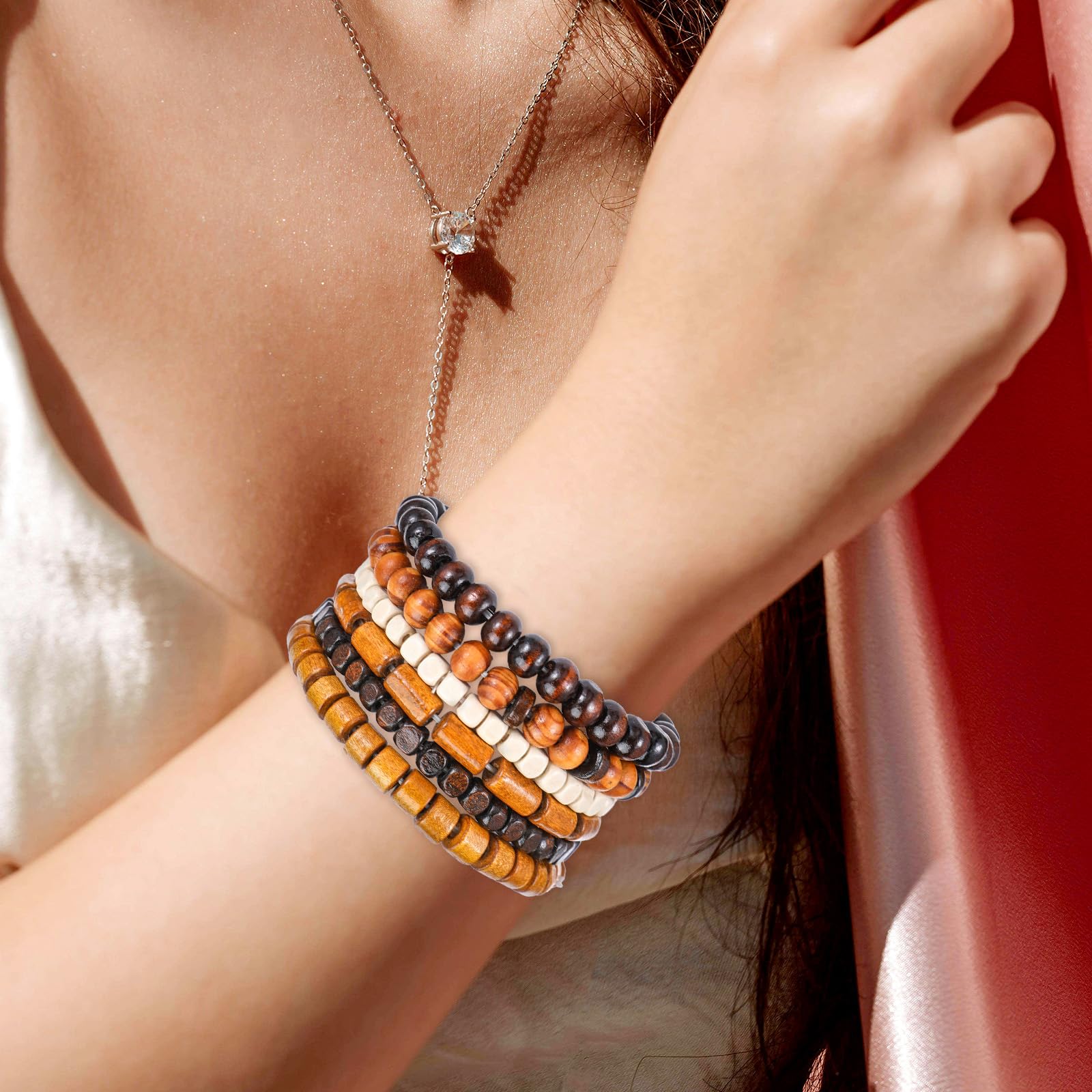 Pulseras de cuentas de madera para hombre, elasticidad ajustable, pulsera de cuentas desmontables de múltiples capas para hombres, Talla única, Madera, No es una piedra preciosa 3
