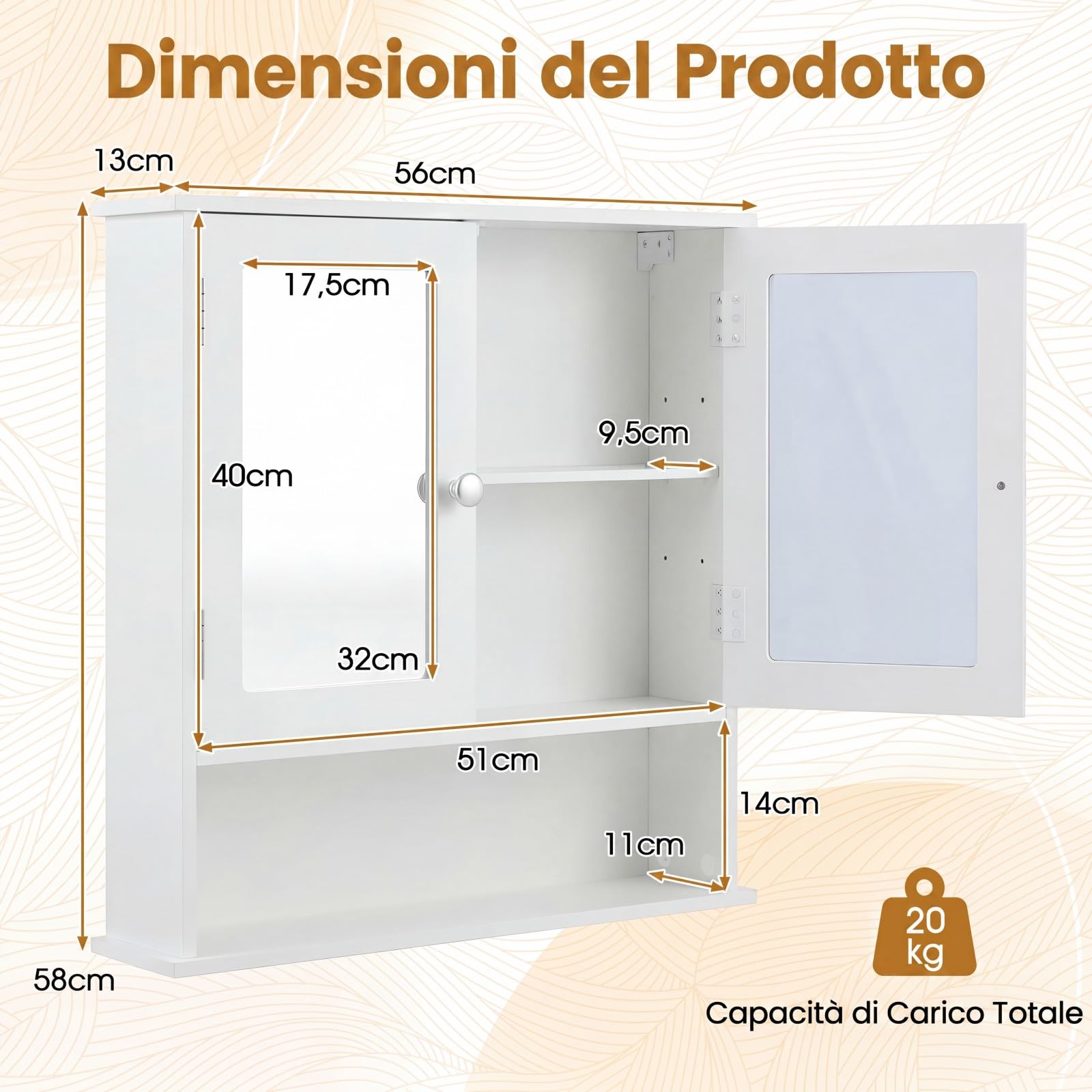 COSTWAY Armadietto Bagno a Specchio da Parete, 56 x 13 x 58 cm (Bianco) | Specchiera con 2 Ante, Ripiano Aperto e 2 Scomparti, Mobile da Bagno Salvaspazio per Soggiorno e Camera da Letto