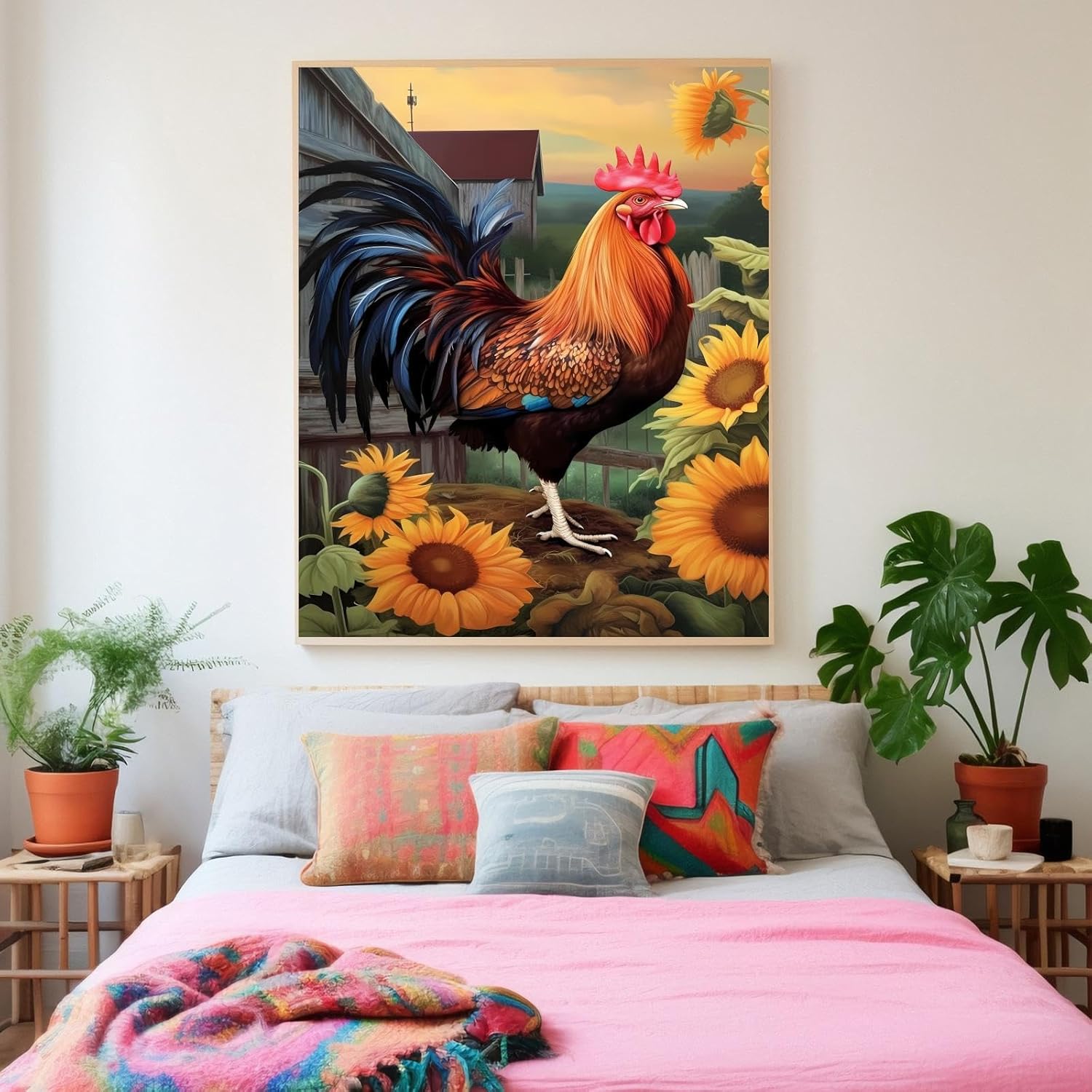 Worihut DIY 5D Sunflower Farm Rooster Diamond Painting Kit for Adults, Round Full Diamond Art Kit, Chicken Diamond Painting Art Painting Crafts Home Wall Art Decor Personalized Gift 16x24 Inch