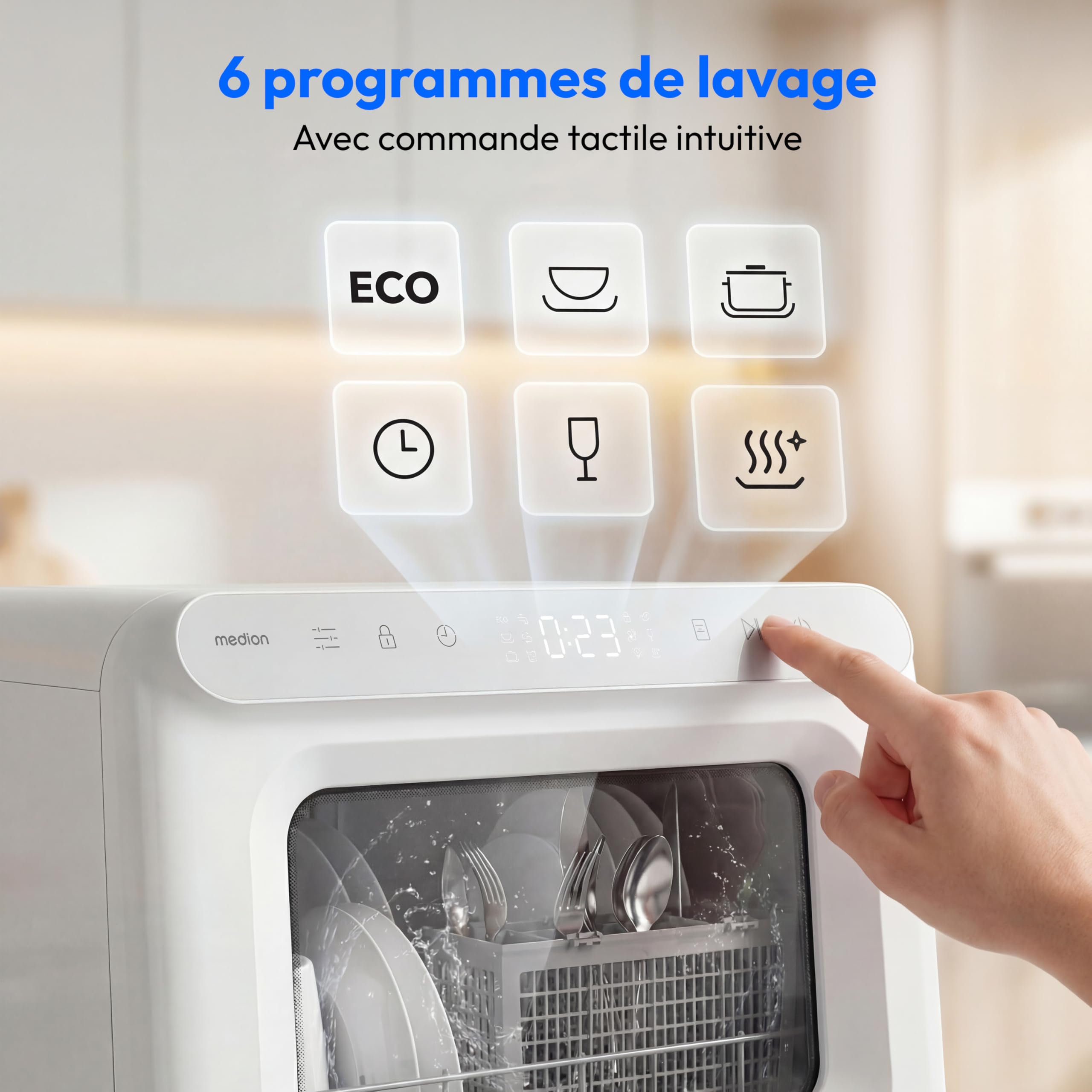 MEDION Mini Lave Vaisselle DWT30, 3 Couverts, Lave Vaisselle de Table, fonctionne avec ou sans raccordement d’eau, 6 Programmes, Lumière UV, Séchage par Ventilation, Écran Tactile, pose libre,