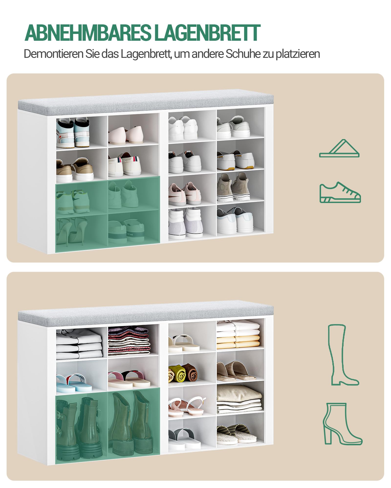 Hzuaneri Schuhbank mit Sitzfläche, Schuhschrank mit Sitzbank mit 16 Fächern, Eingangsbank Verstellbaren Ablagen für Wohnzimmer, Schlafzimmer, Flur, Weiß-Grau, SB25603GY