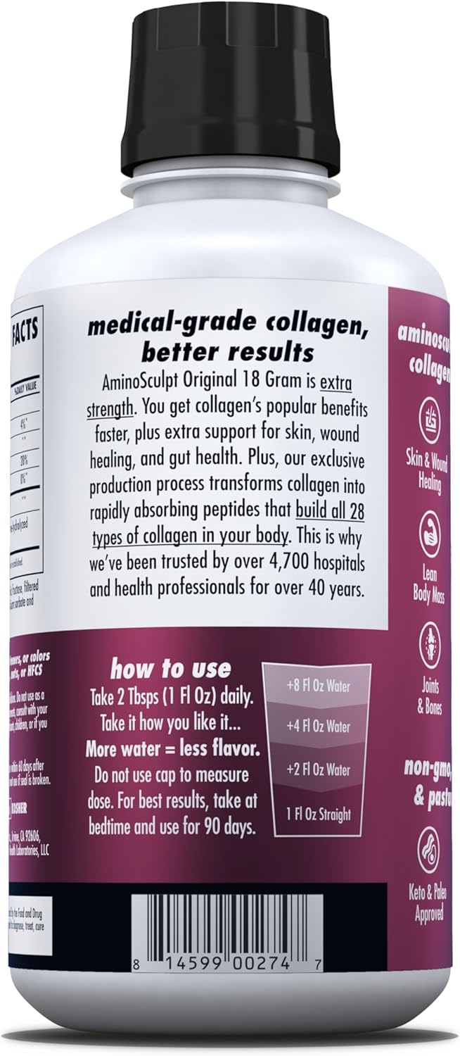 HEALTH DIRECT – AminoSculpt Liquid Collagen – 30 Fl Oz – 18 Grams of Premium Medical-Grade Collagen Liquid for Women – Stevia Free – Original Cherry