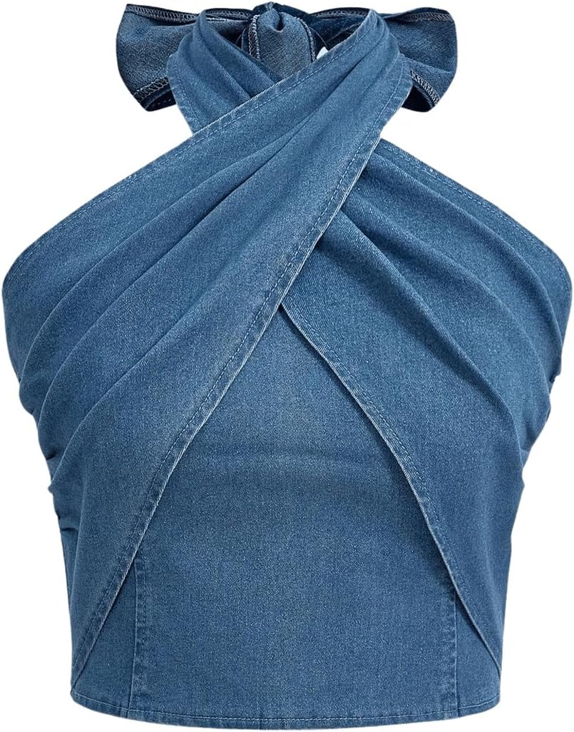 SweatyRocks Women's Crisscross Tie Neck Sleeveless Halter Fitted Ruched Denim Tank Top