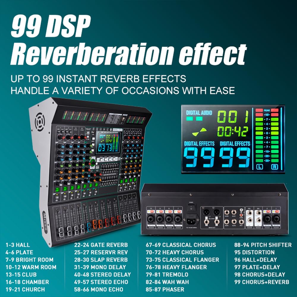 MD10 - Console mixer a 10 canali con 99 effetti DSP, riproduzione USB, connessione wireless, controllo EQ indipendente, ampio display LED - Mixer audio professionale per spettacoli dal vivo