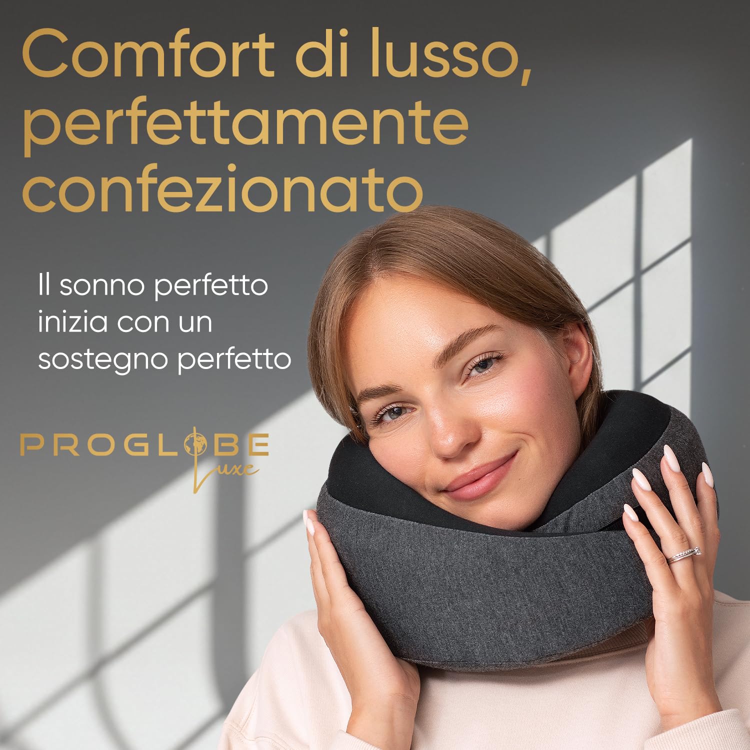 Proglobe Luxe Cuscino Cervicale da Viaggio 360°, Nero Cenere | Memory foam con fodera lavabile in cotone biologico e borsa da trasporto compatta.