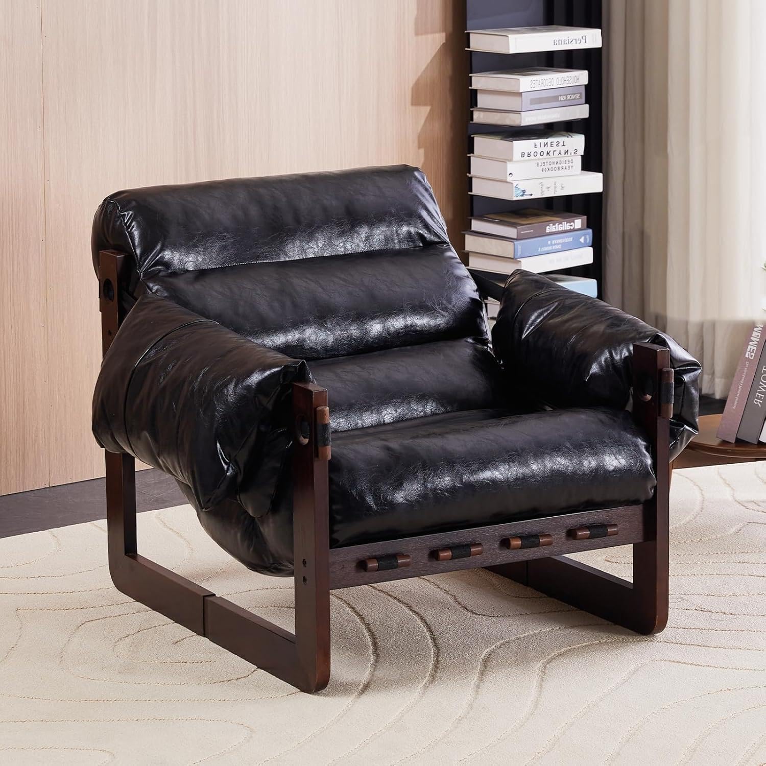 Modern Leather Accent Chair, Mid Century Reading Chair with Solid Wood Frame and Removable Padded Armrests, Upholstered Armchair with Soft Cushion for Bedroom Balcony Lounge Reading Room, Retro Black