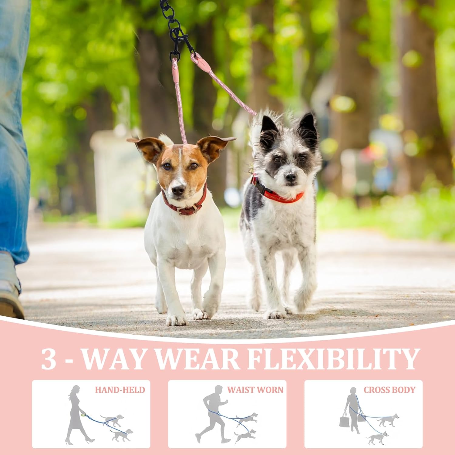 Double Dog Leash No Tangle, Adjustable Split Leads Three Pet Walking Leash with Comfortable Padded Handle for Three Dogs, Hands - Free Three Leashes for Small/Medium Pets (Pink, Three Leashes)