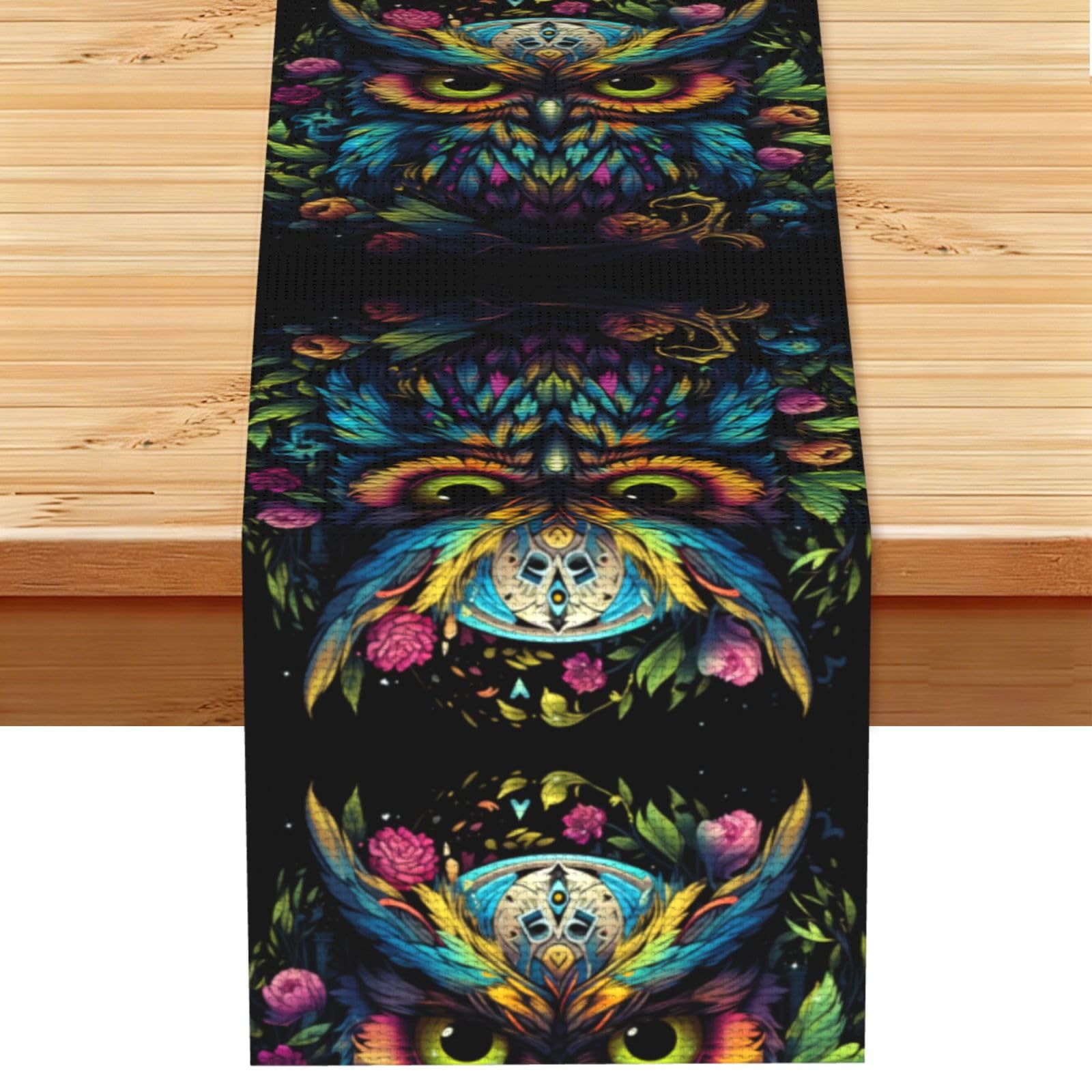 Owl with colored eyes Linen Feel Table Runner Wedding Party Home Decoration