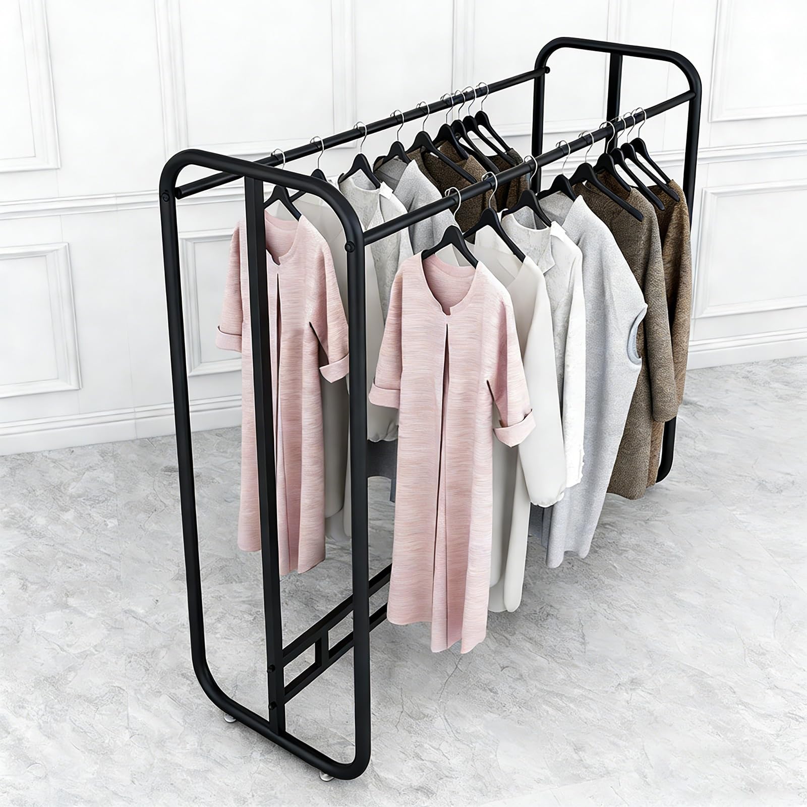 JYBNBBE Double Row Clothing Rack with Top Shelf & Wheels, Heavy Duty Portable Garment Rack for Store Display, 100x50x150cm,Black-150x50x150cm