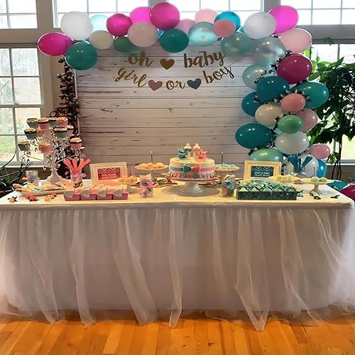 Miniatura 8 de Faldas de mesa de tul blanco de 167 pulgadas para mesas rectangulares de 6 pies y 8 pies, 2 capas de tul dorado con volantes y falda de mesa de tutú