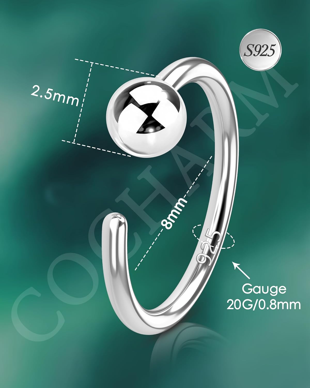 COCHARM 925 Sterling Silver Nose Ring Hoop, Small 20g Sterling Silver Half Hoop Nose Ring 8mm Ball Nostril Piercing Jewelry for Women Men Nickel Free