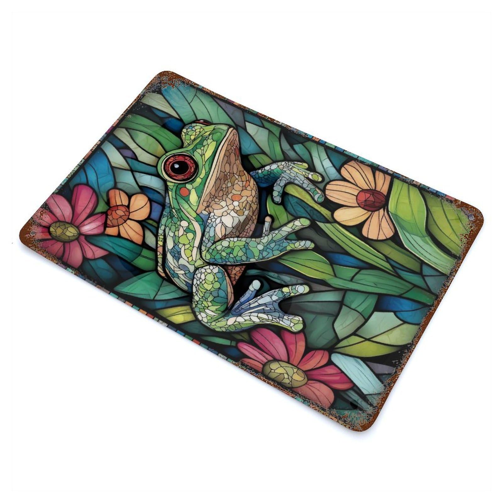 Stained Glass Frog 11.8"x7.9" Decorative Tin Sign, Classic Wall Plaque for Cafe, Home Bar And Lounge Decor