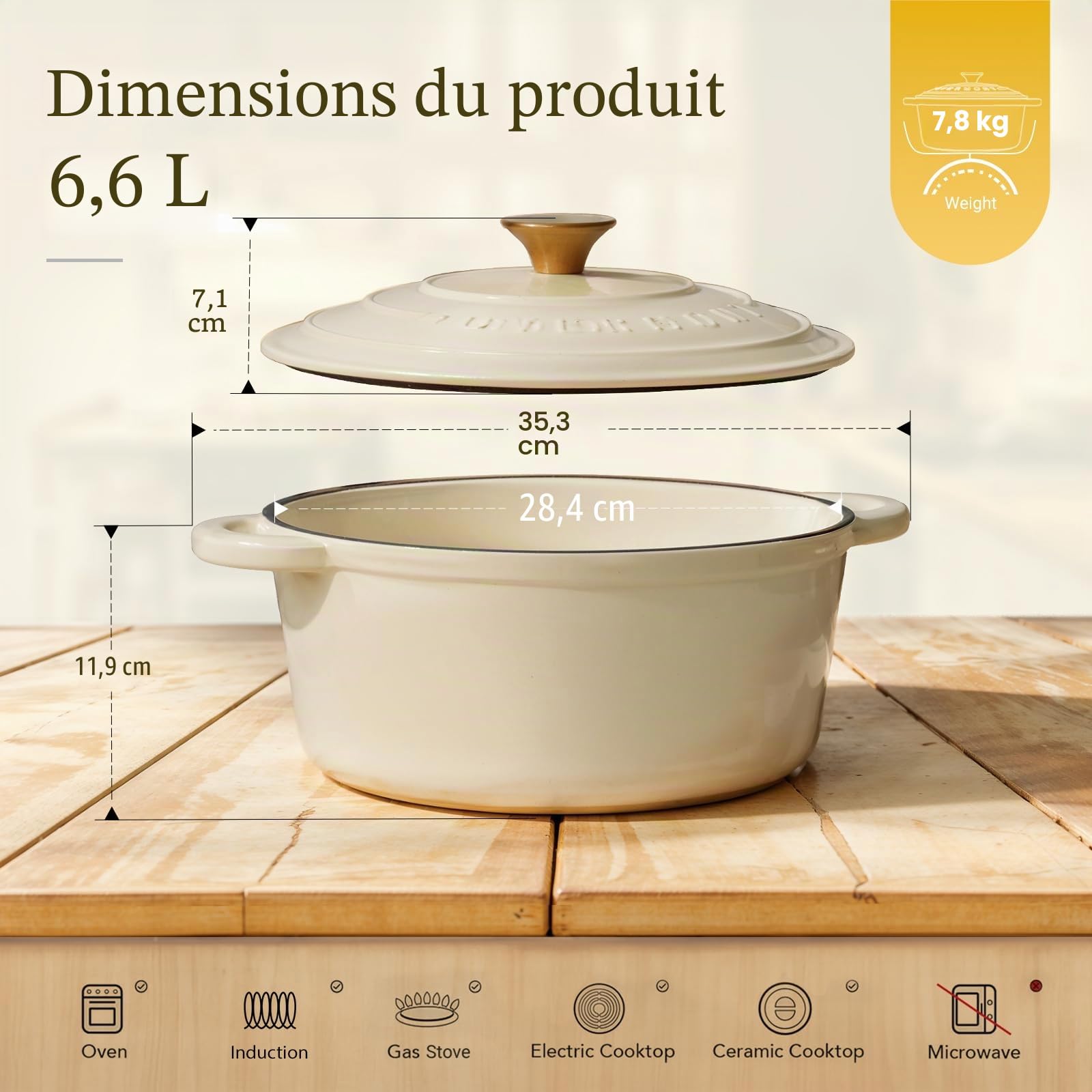 Overmont Cocotte en Fonte Émaillée - Ø28 cm Casserole Antiadhésive Avec Couvercle et Maniques en Coton - Batterie de Cuisine Robuste pour Braiser Ragoûts Rôtir Pain - Blanc crème