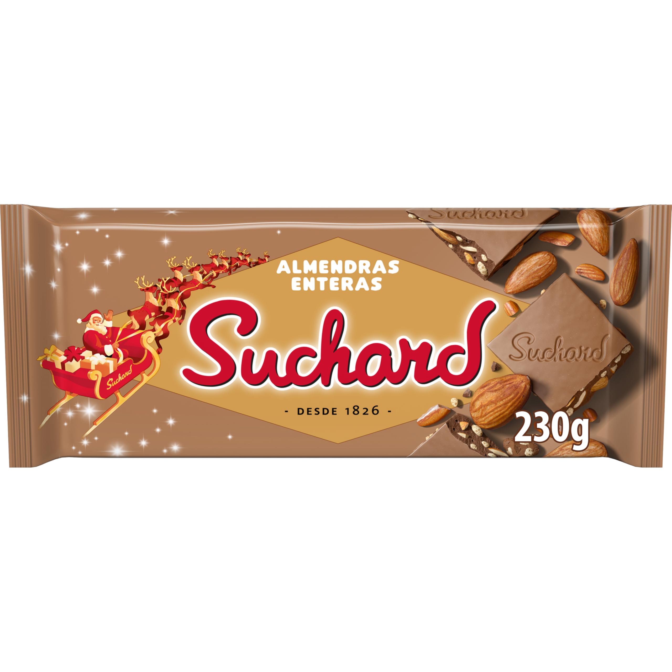 Suchard Turrón de Chocolate con Leche, Almendras Enteras y Arroz Inflado, Delicioso para Navidad - 230 g