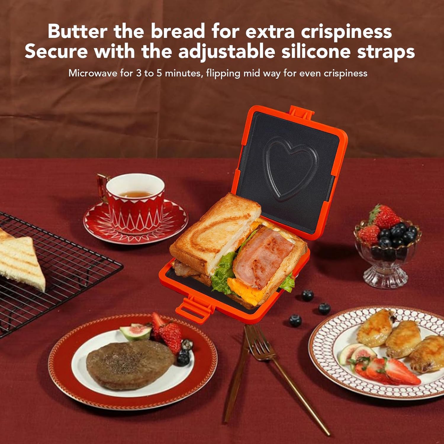 Diydeg Microwave Toaster Sandwich Maker, No Electricity Dishwasher Safe Microwave Toastie Maker, Panini Press, Grilled Cheese Maker for Cooking Breakfast, Toastie Safe in Microwave Oven (Red)