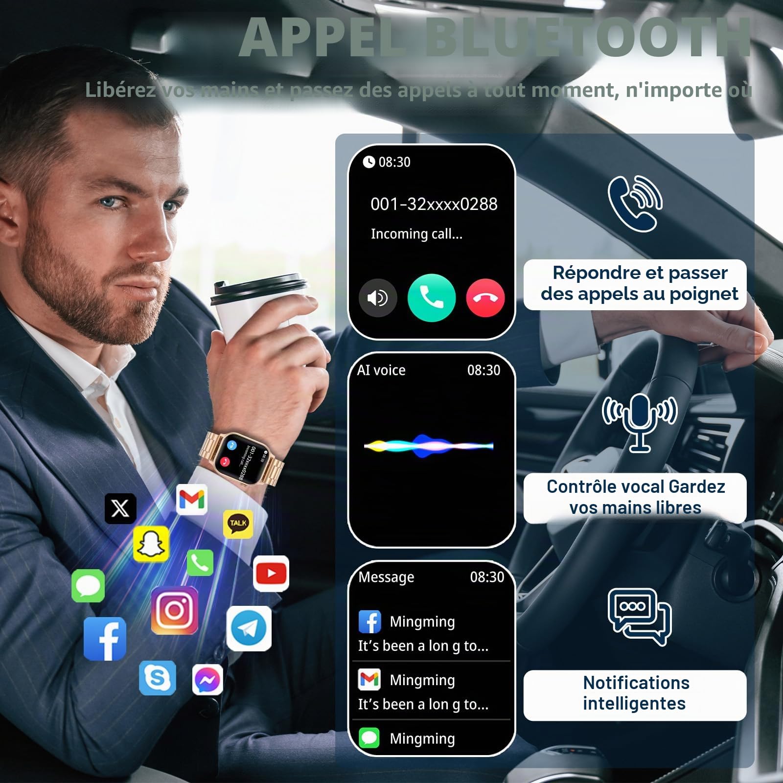 Montre Connectée Homme Femme, avec 2 Bracelets Réglables, la Fonction D'appel et L'assistant Vocal, 100+ Modes Sportifs, Smartwatch, Compatible avec Android et iOS, Dorée
