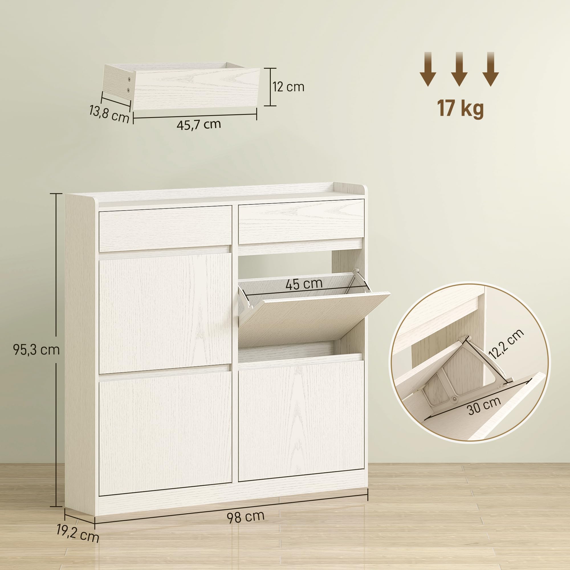 HOMCOM Zapatero Estrecho con 4 Puertas Abatibles Zapatero Entrada Recibidor con 2 Cajones para 8 Pares de Zapatos para Pasillo Espacios Reducidos 98x19,2x95,3 cm Blanco