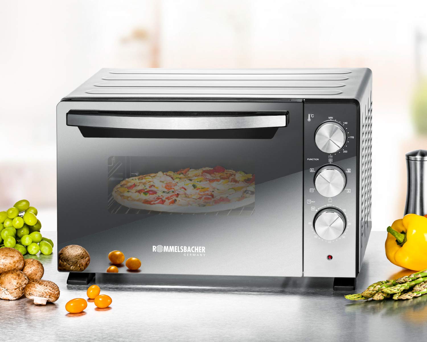 ROMMELSBACHER Back & Grill Piec BGS 1400 – energooszczędny i wydajny, pojemność 22 l, komora do pieczenia z powłoką zapobiegającą przywieraniu, 6 trybów ogrzewania, rożen obrotowy, zegar sterujący 60