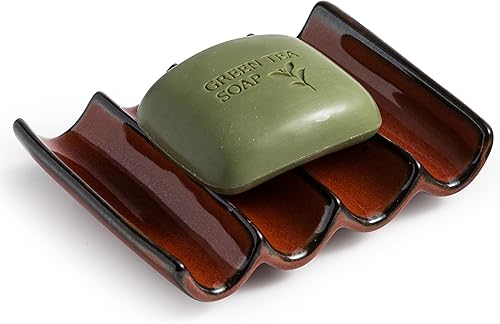 Miniatura 13 de Jabonera de cerámica drenante, diseño estriado, soporte para jabón de barra para ducha y baño, elevación de esponja ahorradora de jabón, color verde